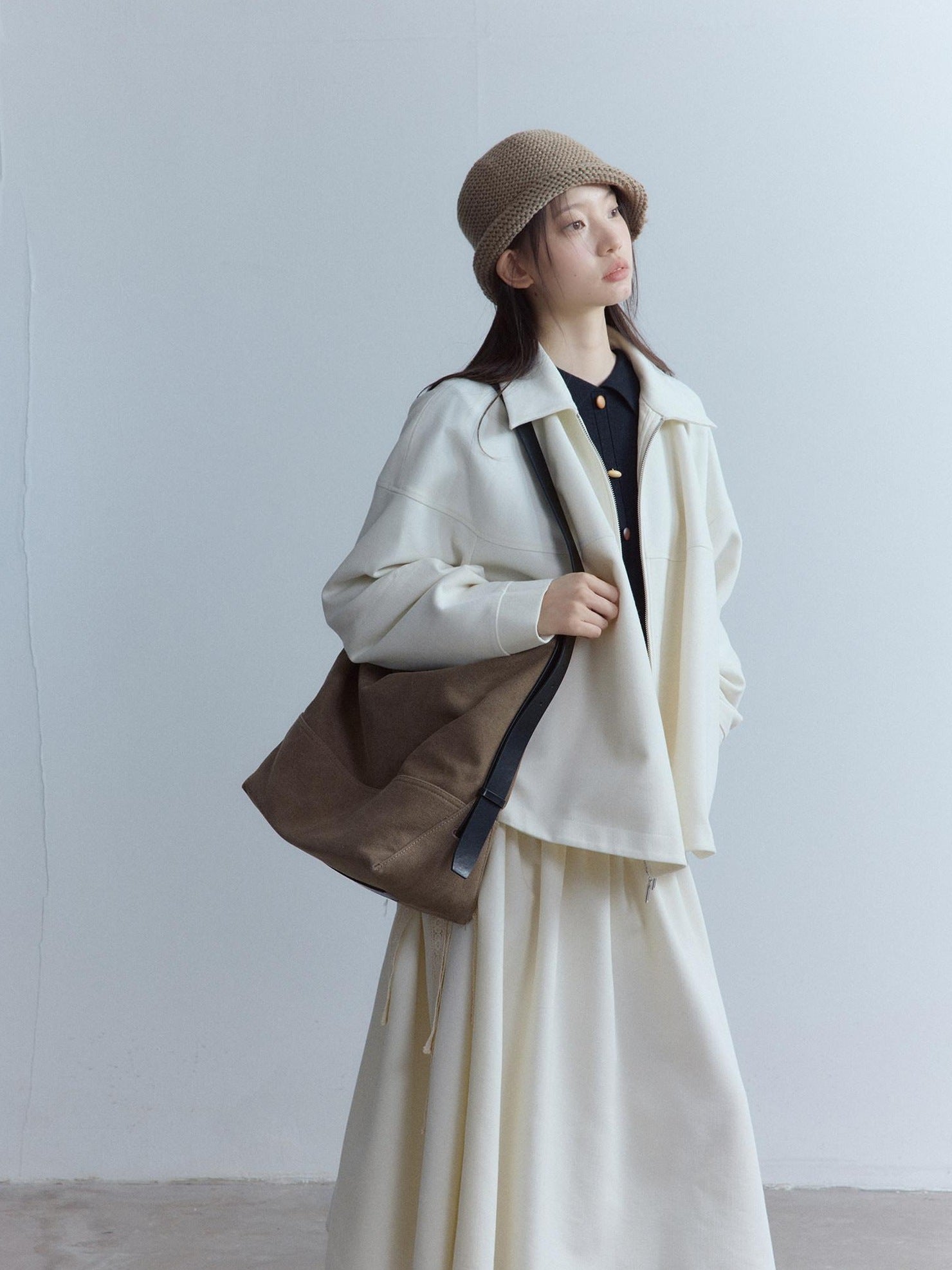 FUSSED Thick Oversized Utility Pocket Zip Casual Women Oatmeal White Jacket