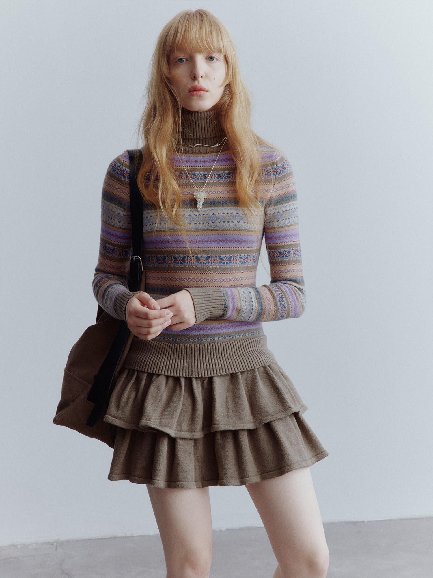 FUSSED Thick Turtleneck Girlish Tiered Slim Fit Low Waist Long Sleeve Mini Dresses