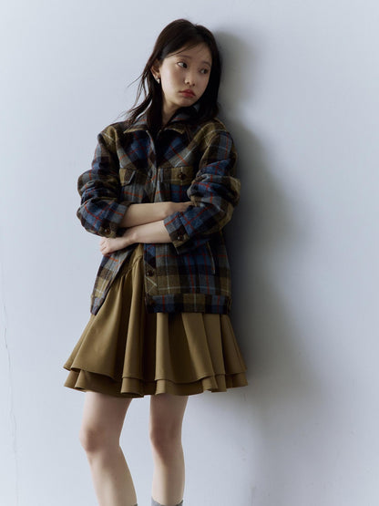 FUSSED Thick Vintage Loose Patchwork Plaid Womens Button Lapel Pockets Jacket