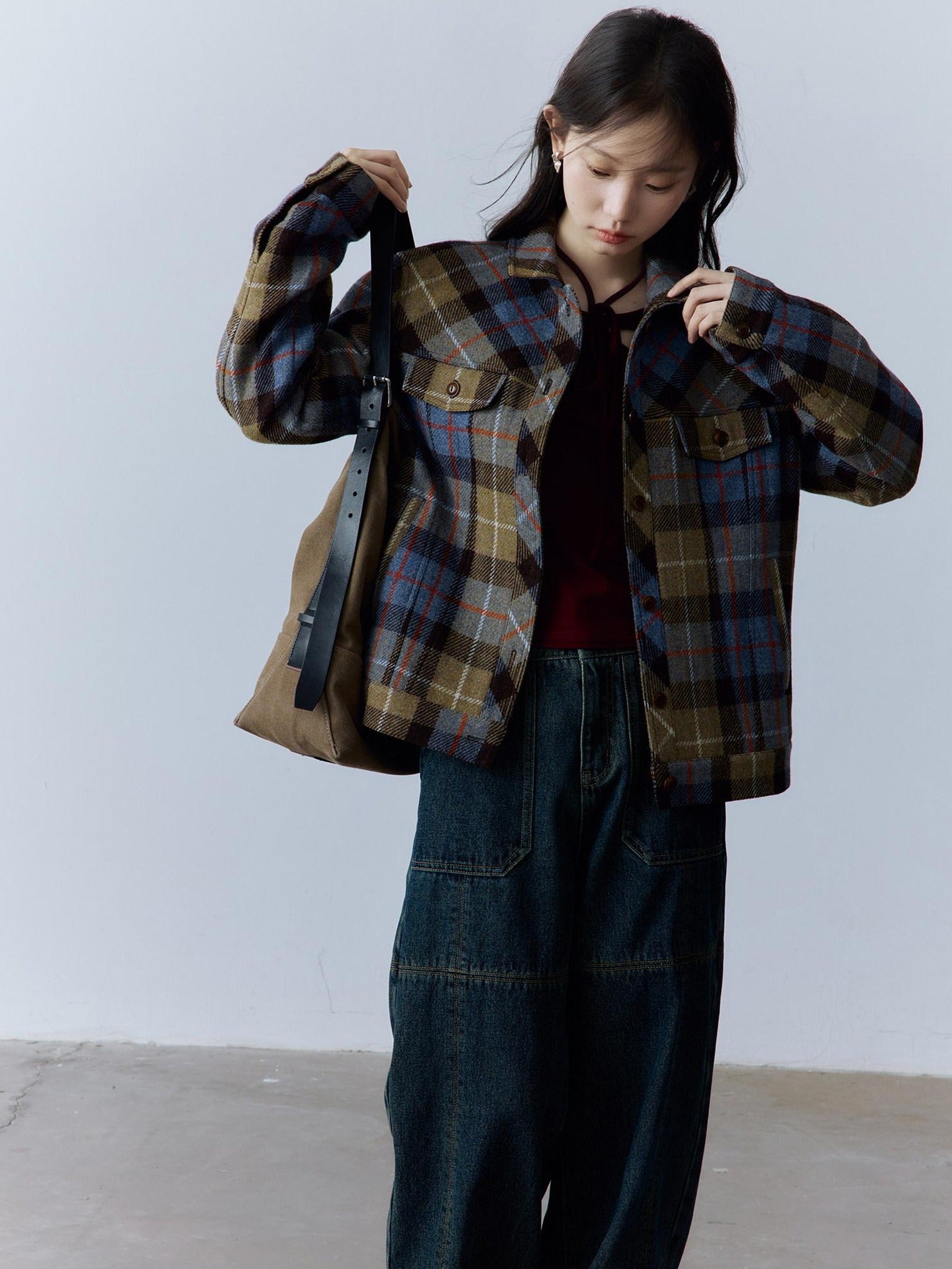 FUSSED Thick Vintage Loose Patchwork Plaid Womens Button Lapel Pockets Jacket