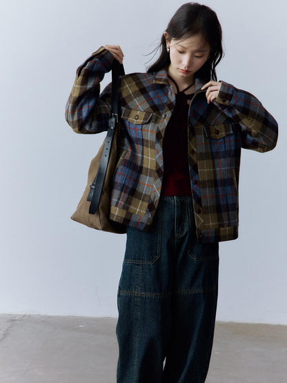 FUSSED Thick Vintage Loose Patchwork Plaid Womens Button Lapel Pockets Jacket