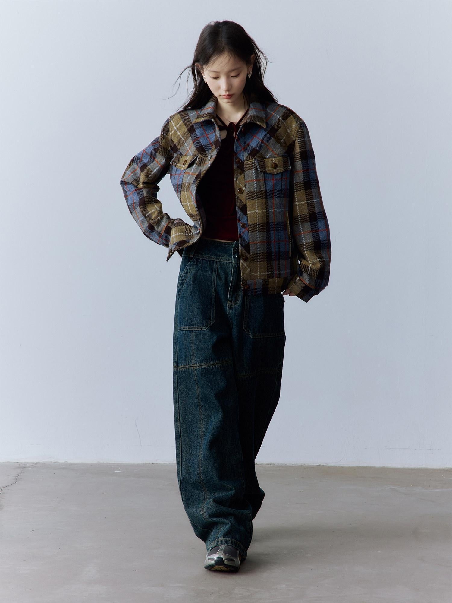 FUSSED Thick Vintage Loose Patchwork Plaid Womens Button Lapel Pockets Jacket