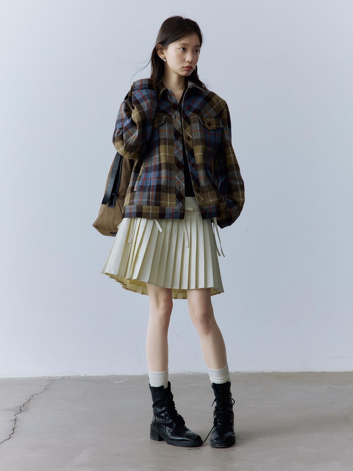 FUSSED Thick Vintage Loose Patchwork Plaid Womens Button Lapel Pockets Jacket