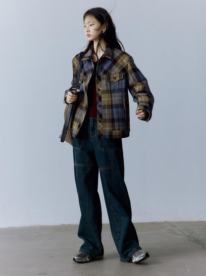 FUSSED Thick Vintage Loose Patchwork Plaid Womens Button Lapel Pockets Jacket