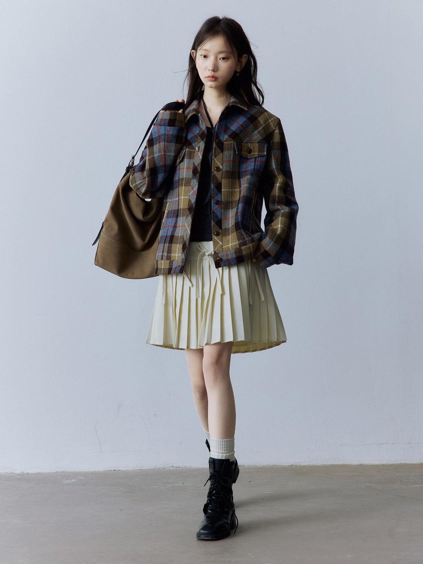 FUSSED Thick Vintage Loose Patchwork Plaid Womens Button Lapel Pockets Jacket