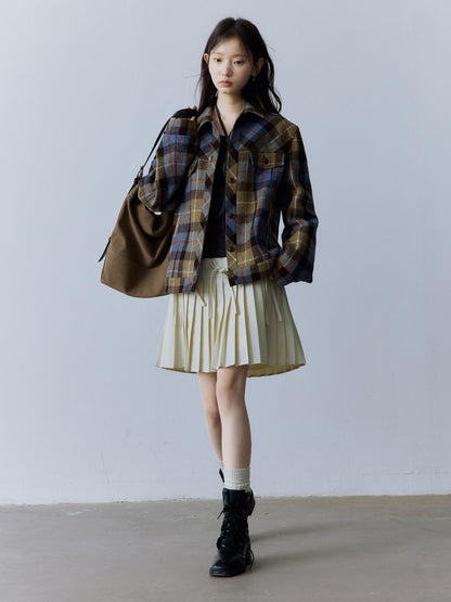 FUSSED Thick Vintage Loose Patchwork Plaid Womens Button Lapel Pockets Jacket