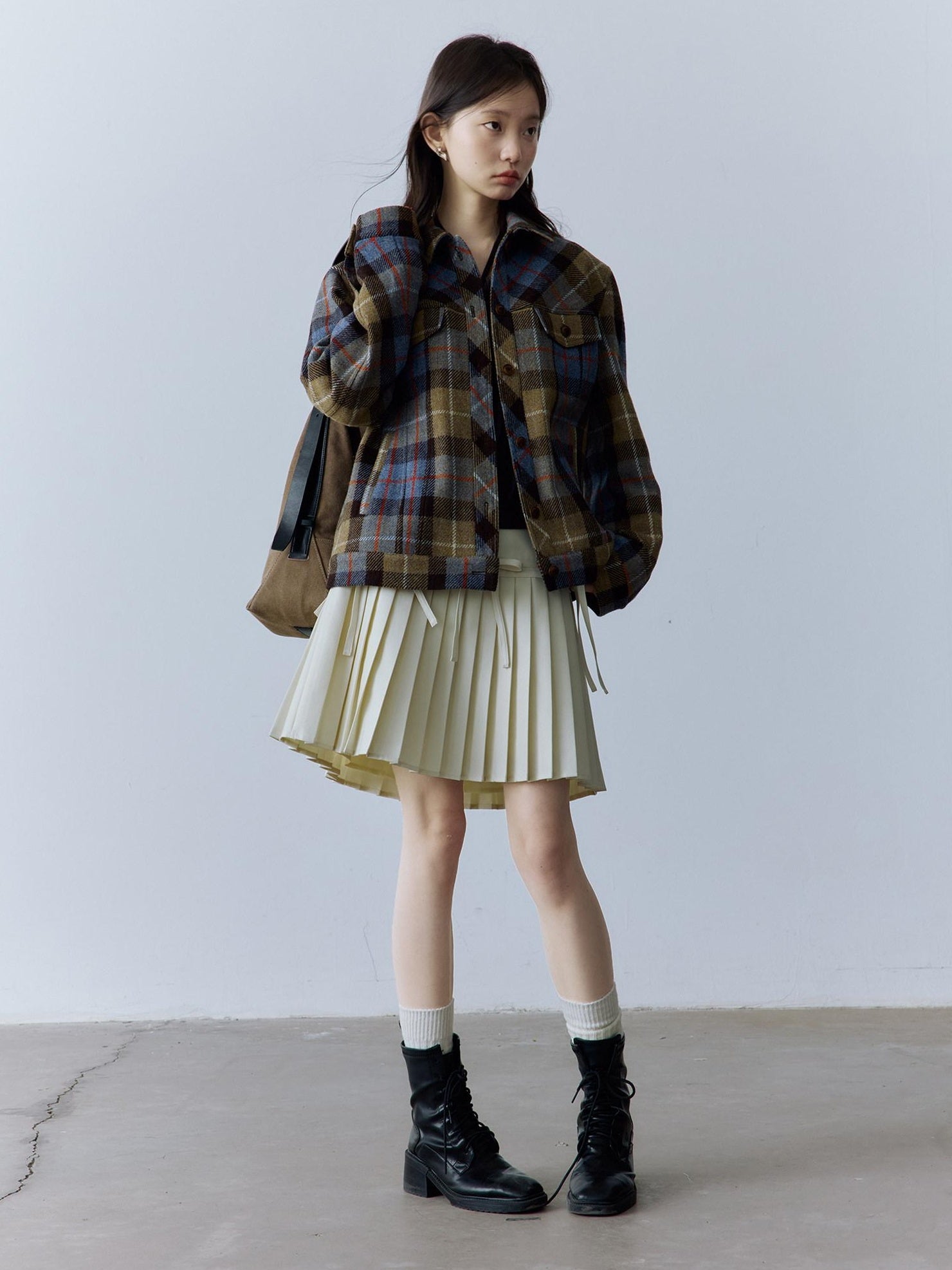 FUSSED Thick Vintage Loose Patchwork Plaid Womens Button Lapel Pockets Jacket