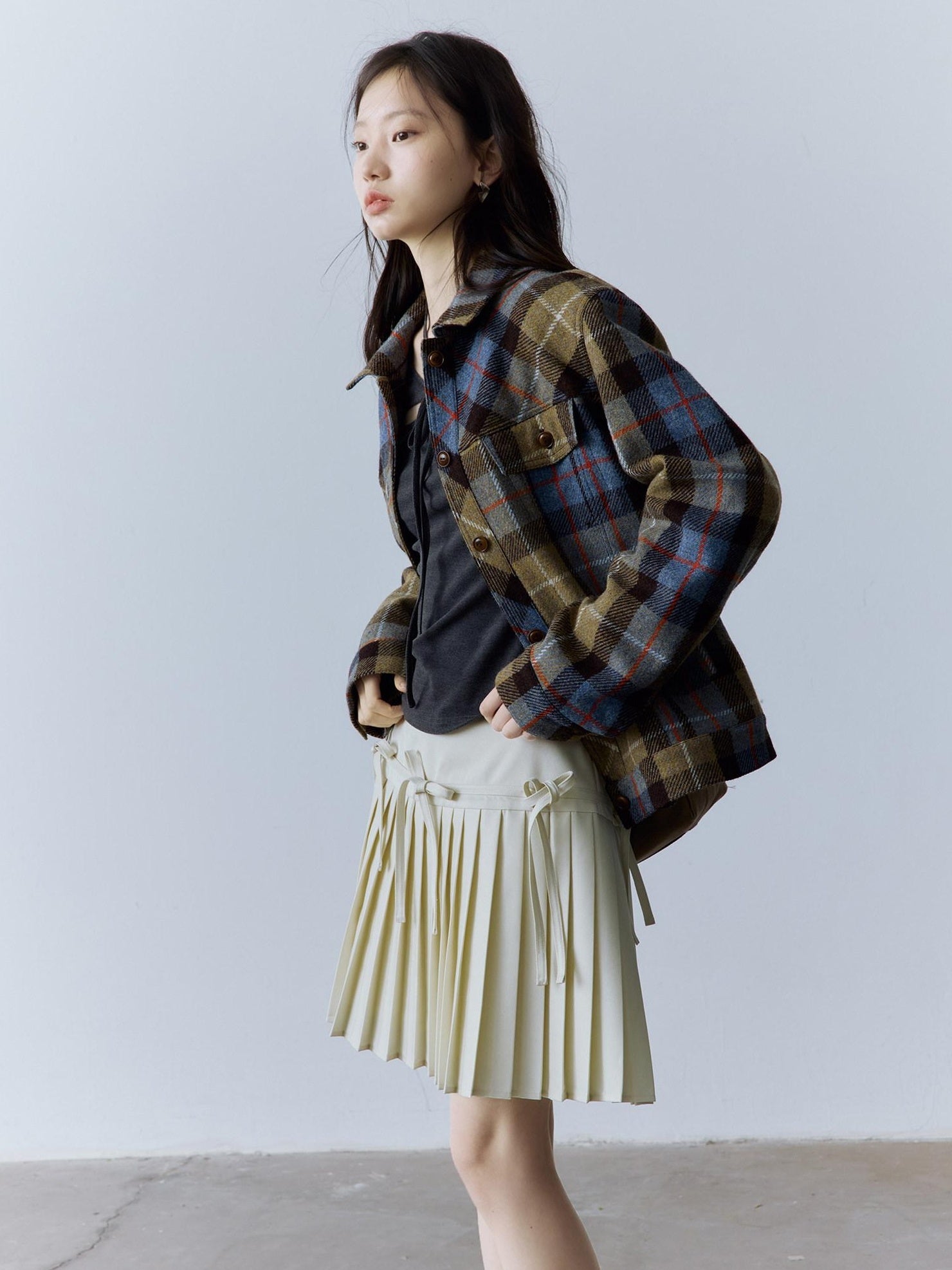 FUSSED Thick Vintage Loose Patchwork Plaid Womens Button Lapel Pockets Jacket