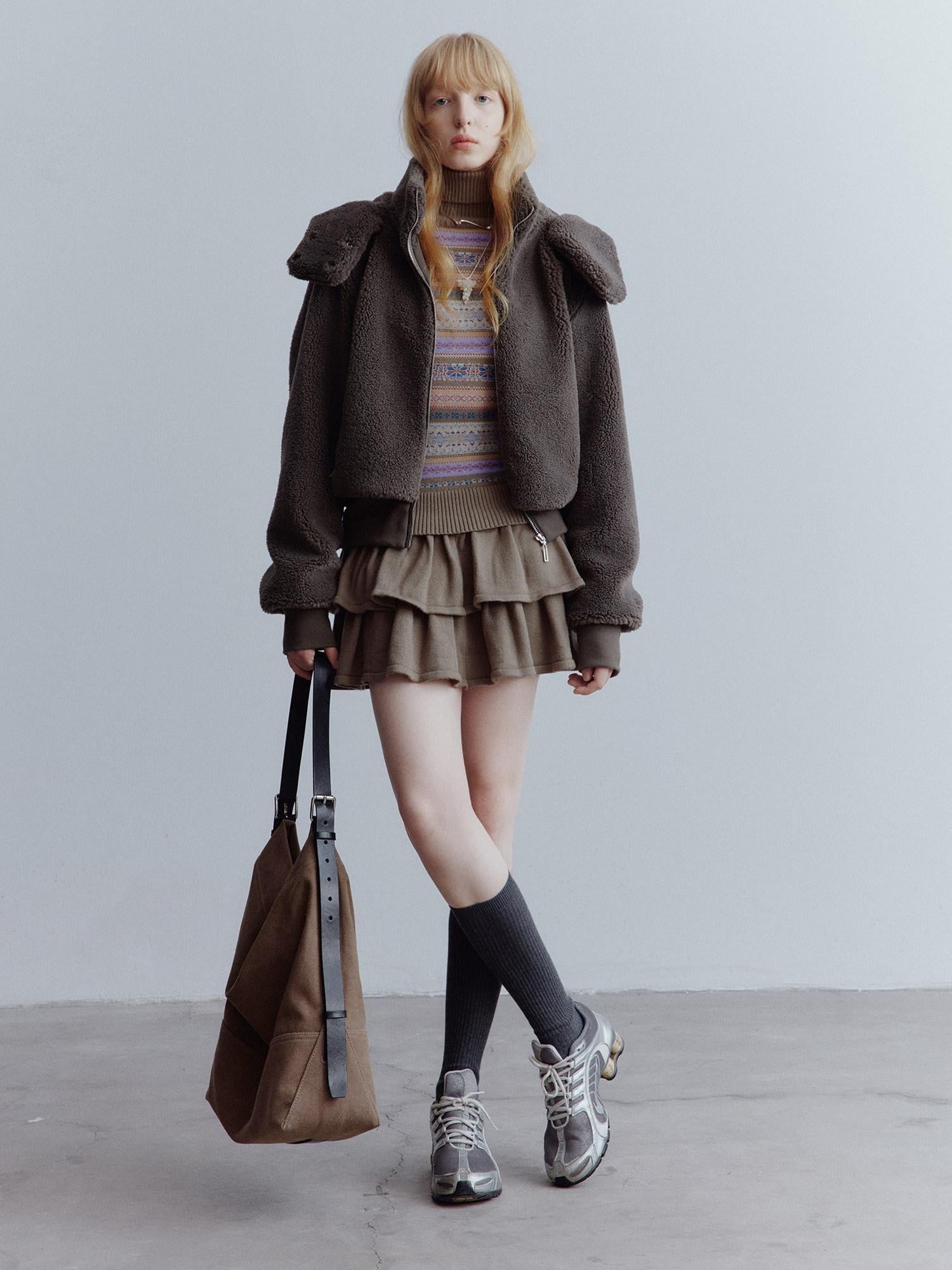 FUSSED Thick Warm Cropped Stand Collar Hooded Loose Girlish Cedar Green Zipper Jacket