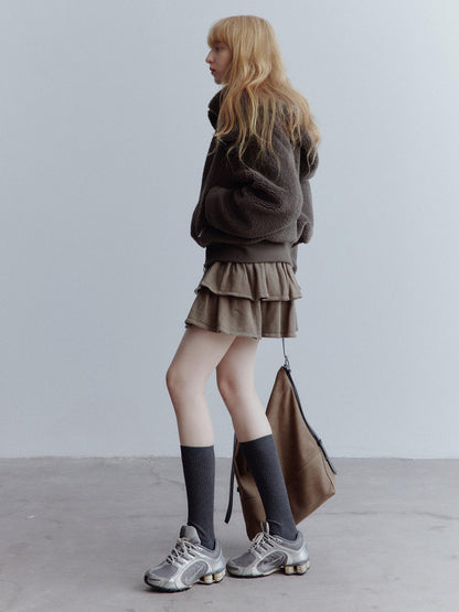 FUSSED Thick Warm Cropped Stand Collar Hooded Loose Girlish Cedar Green Zipper Jacket