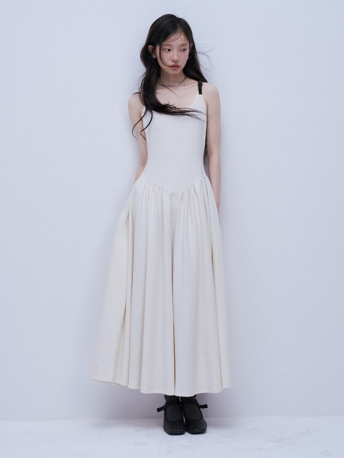 FUSSED Tricolor Leather Buckle Splice Shirred Waist Women&