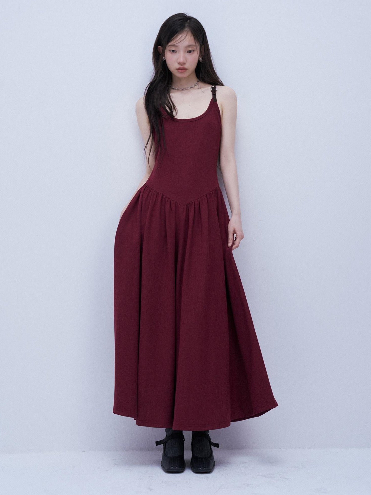 FUSSED Tricolor Leather Buckle Splice Shirred Waist Women&