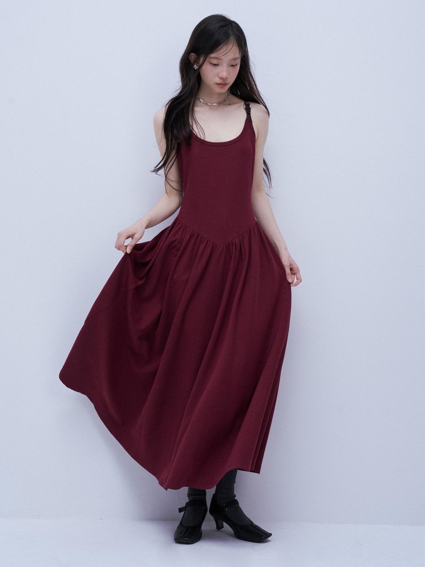 FUSSED Tricolor Leather Buckle Splice Shirred Waist Women&