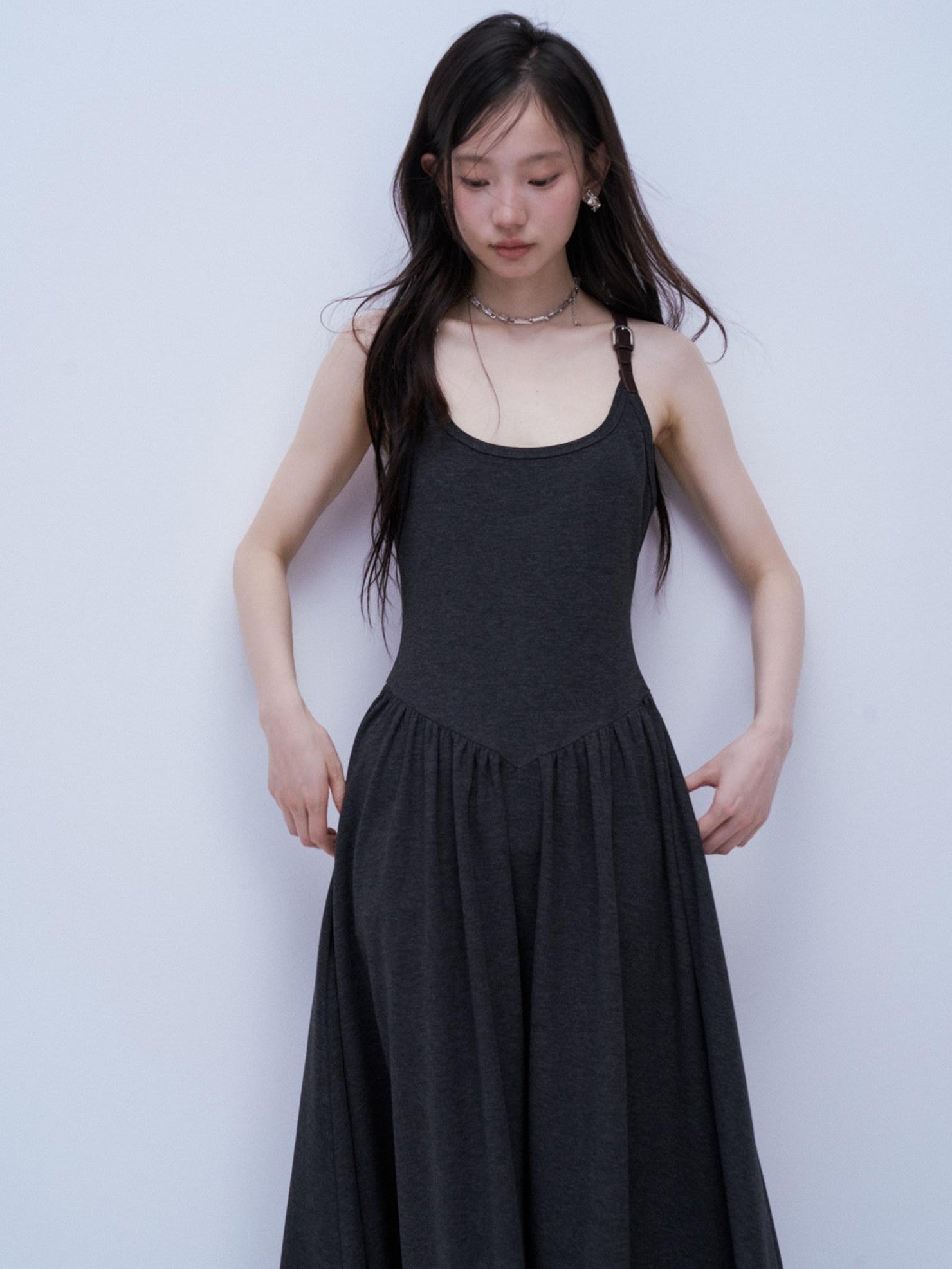 FUSSED Tricolor Leather Buckle Splice Shirred Waist Women&