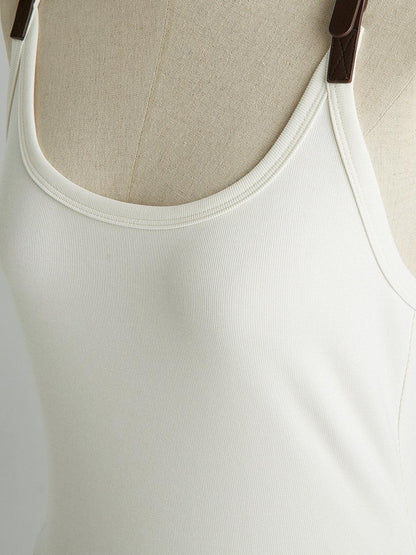 FUSSED Tricolor Leather Buckle Splice Shirred Waist Women&