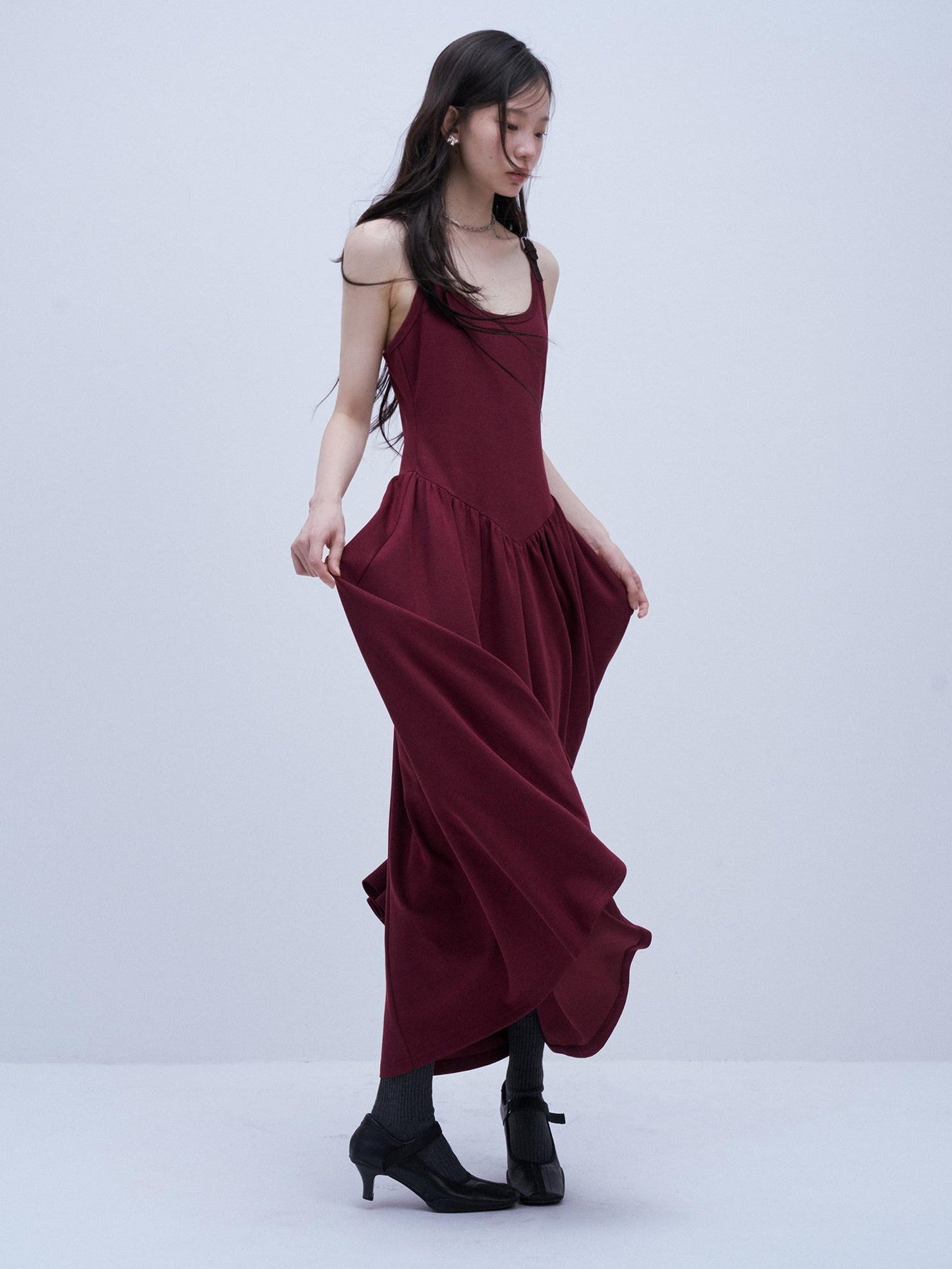 FUSSED Tricolor Leather Buckle Splice Shirred Waist Women&