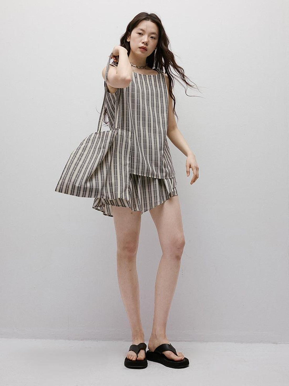 FUSSED Twist Stripe Asymmetrical Resort Set With Geometric Art V-neck T-shirt Long Sleeve