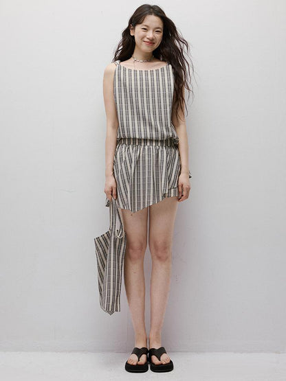 FUSSED Twist Stripe Asymmetrical Resort Set With Geometric Art V-neck T-shirt Long Sleeve