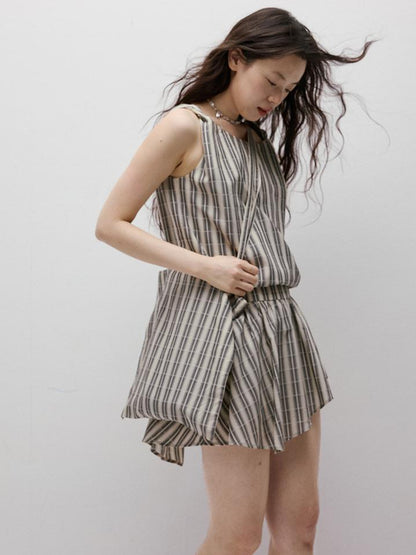 FUSSED Twist Stripe Asymmetrical Resort Set With Geometric Art V-neck T-shirt Long Sleeve