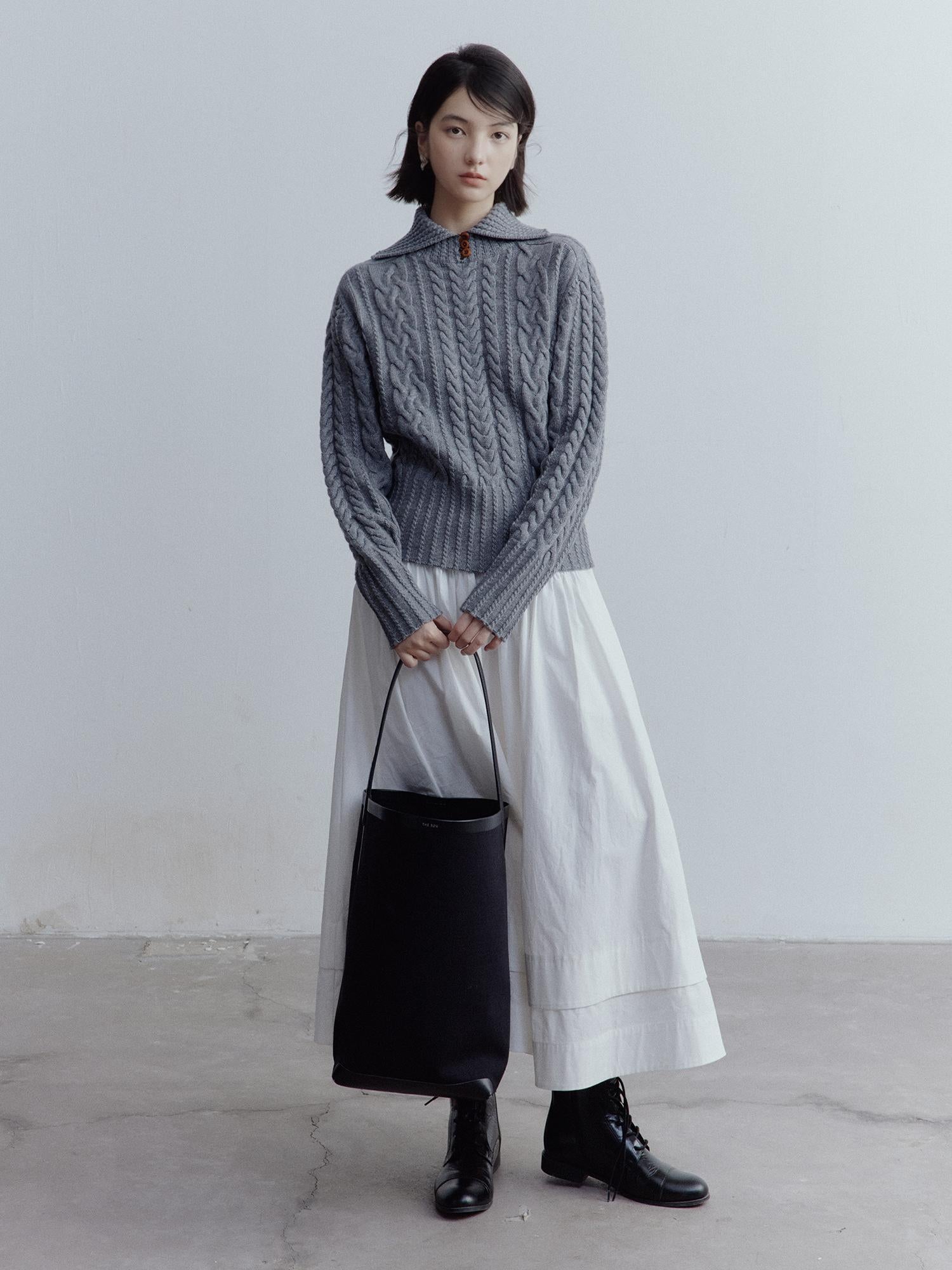 FUSSED Twisted Cable Knit Textured Wool Sweater