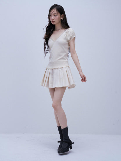 FUSSED Two Tone V-neck Puff Sleeve Patchwork Knit Women&