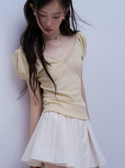 FUSSED Two Tone V-neck Puff Sleeve Patchwork Knit Women&