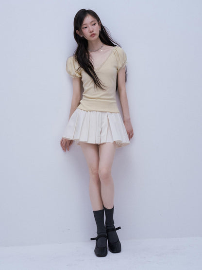 FUSSED Two Tone V-neck Puff Sleeve Patchwork Knit Women&