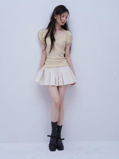 FUSSED Two Tone V-neck Puff Sleeve Patchwork Knit Women&