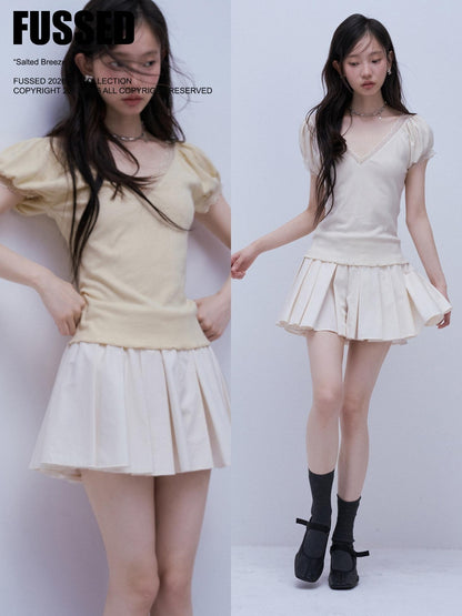 FUSSED Two Tone V-neck Puff Sleeve Patchwork Knit Women&