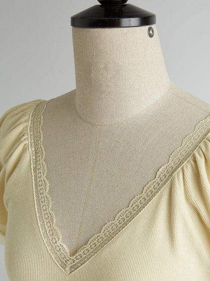 FUSSED Two Tone V-neck Puff Sleeve Patchwork Knit Women&