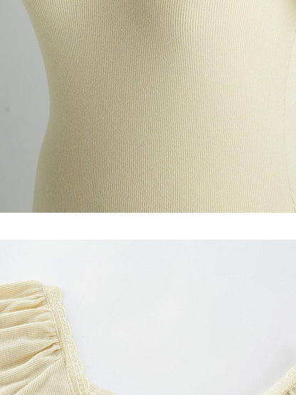 FUSSED Two Tone V-neck Puff Sleeve Patchwork Knit Women&