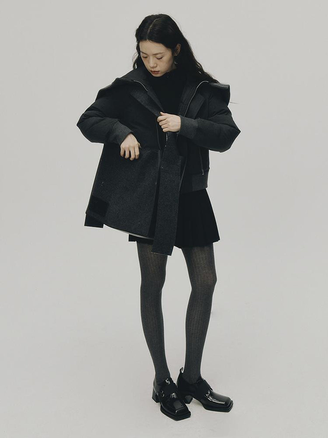 FUSSED Two Way Detachable Hood Grey Duck Down Coat