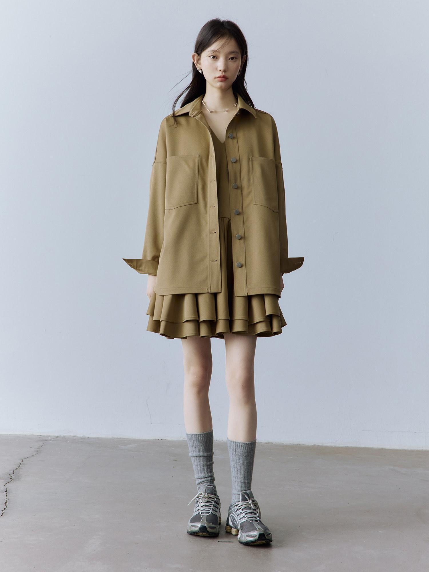 FUSSED Utility Relaxed Patch Pocket Button Front Drop Shoulder Long Sleeve Khaki Blouse