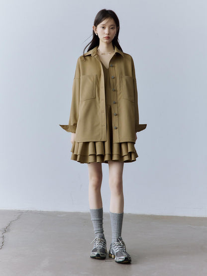 FUSSED Utility Relaxed Patch Pocket Button Front Drop Shoulder Long Sleeve Khaki Blouse