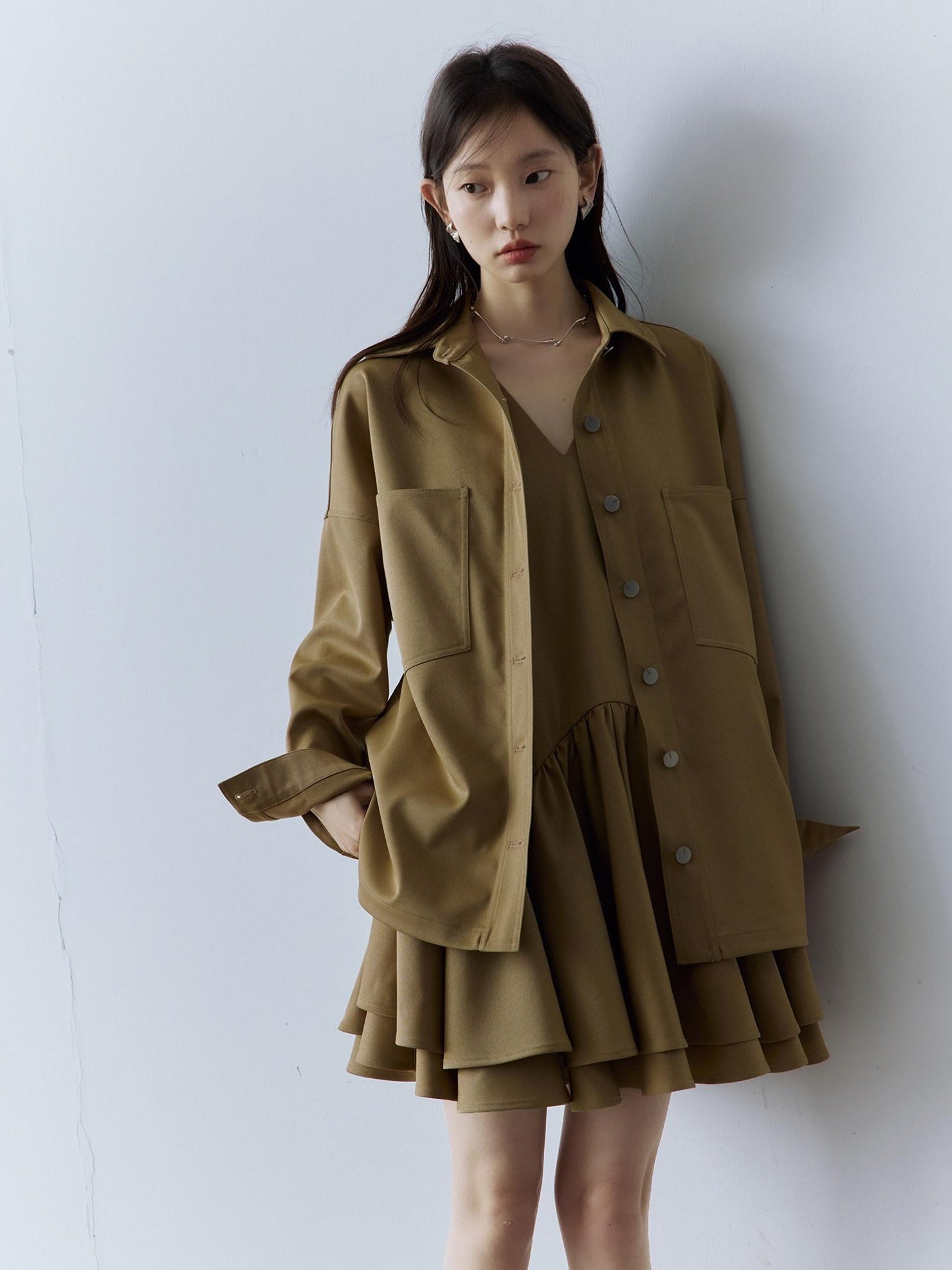 FUSSED Utility Relaxed Patch Pocket Button Front Drop Shoulder Long Sleeve Khaki Blouse