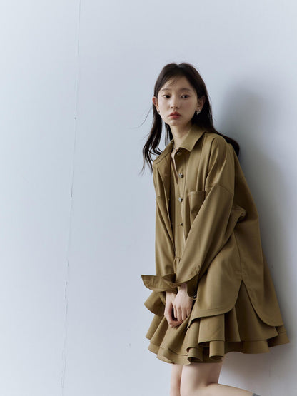 FUSSED Utility Relaxed Patch Pocket Button Front Drop Shoulder Long Sleeve Khaki Blouse