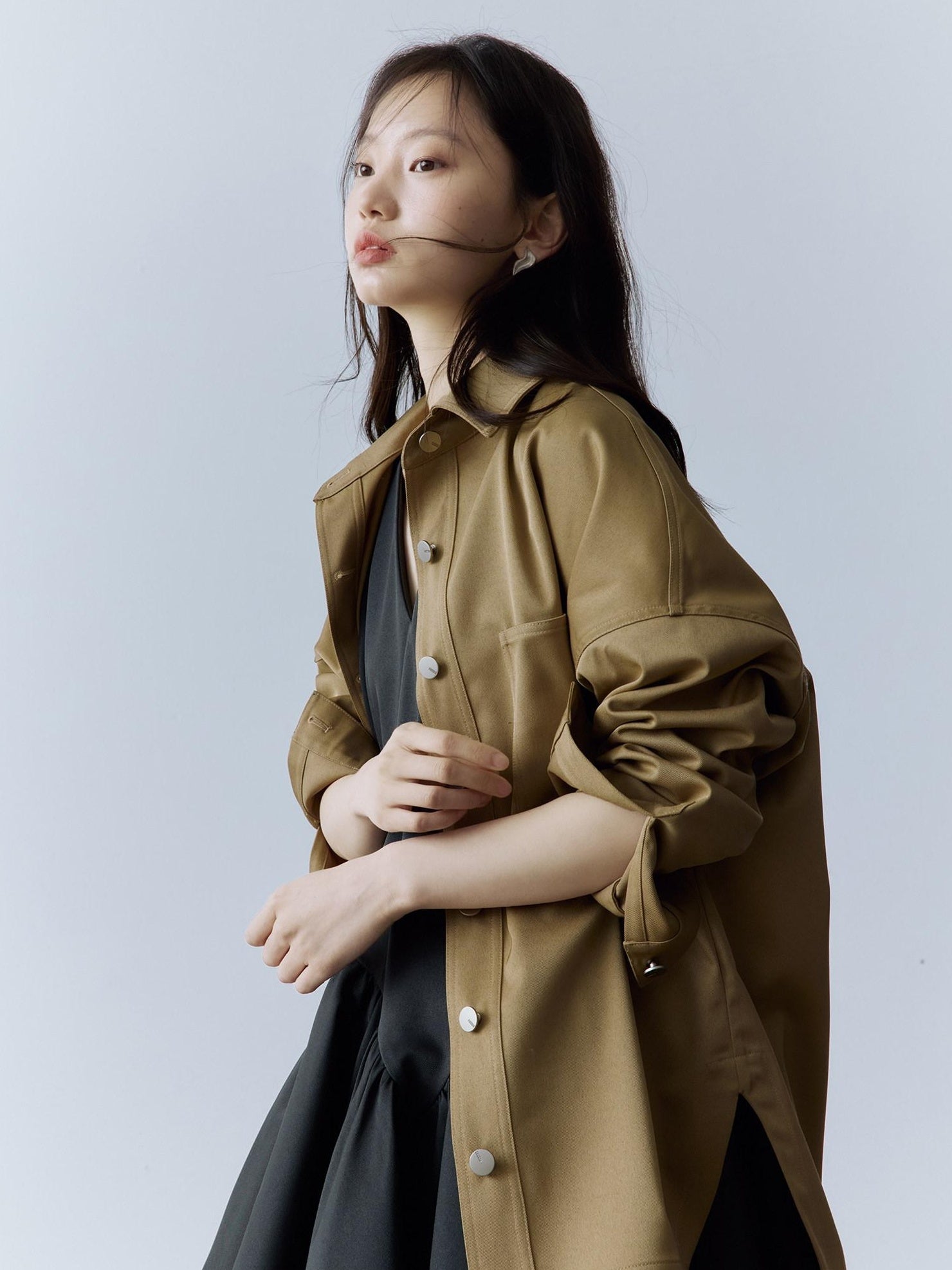 FUSSED Utility Relaxed Patch Pocket Button Front Drop Shoulder Long Sleeve Khaki Blouse