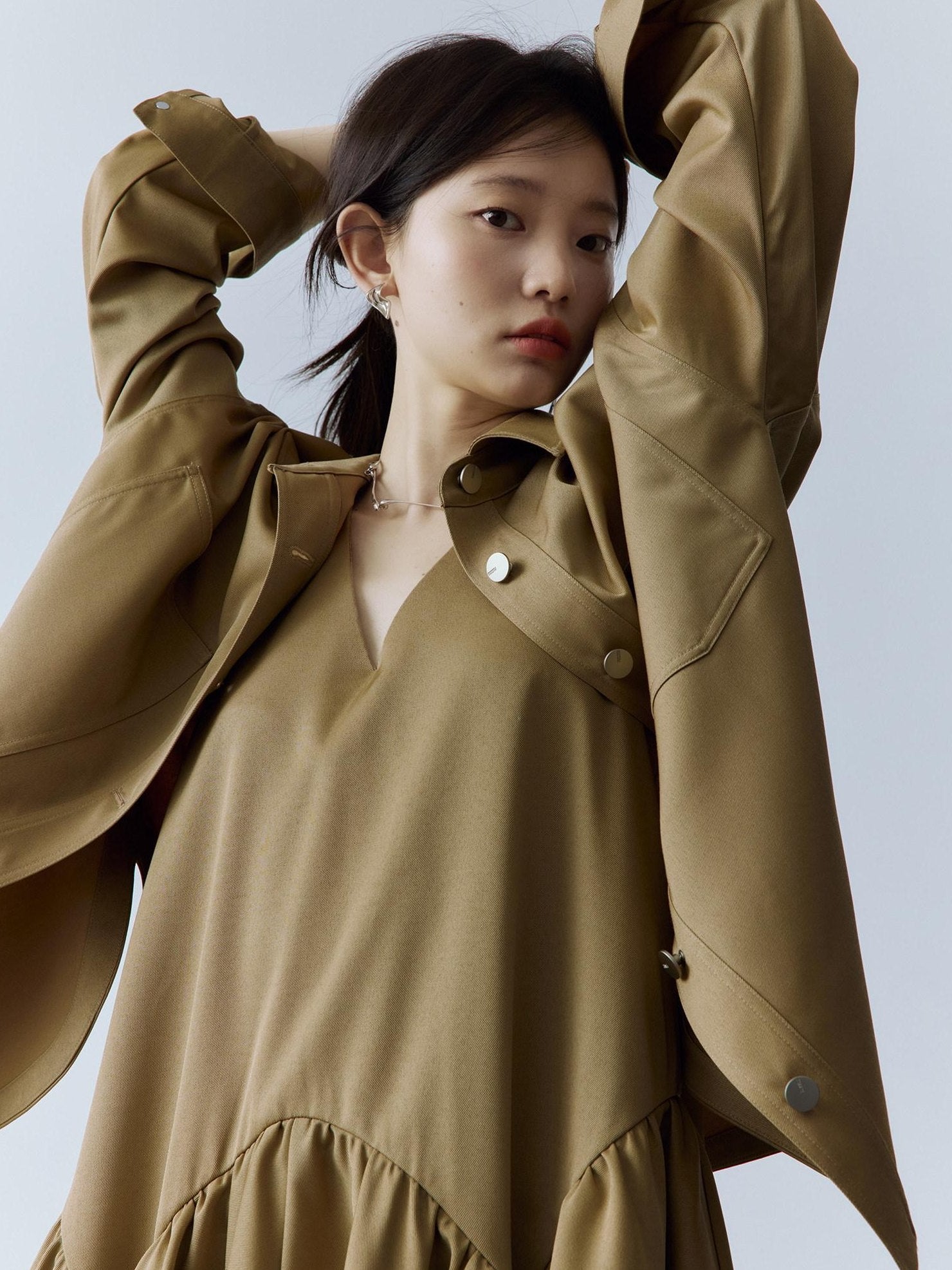 FUSSED Utility Relaxed Patch Pocket Button Front Drop Shoulder Long Sleeve Khaki Blouse