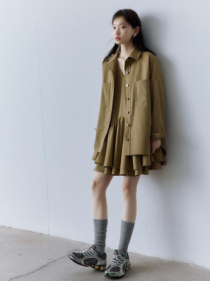 FUSSED Utility Relaxed Patch Pocket Button Front Drop Shoulder Long Sleeve Khaki Blouse