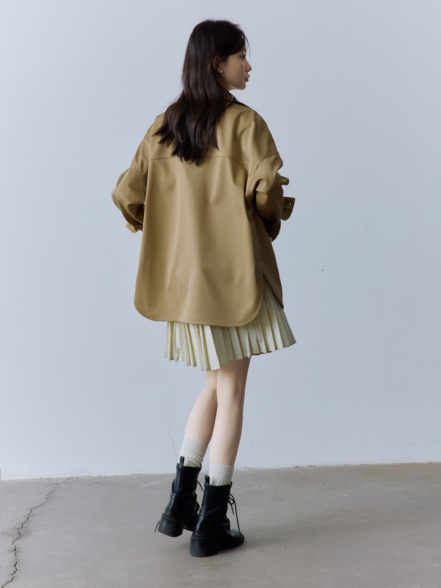 FUSSED Utility Relaxed Patch Pocket Button Front Drop Shoulder Long Sleeve Khaki Blouse