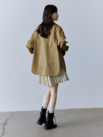 FUSSED Utility Relaxed Patch Pocket Button Front Drop Shoulder Long Sleeve Khaki Blouse