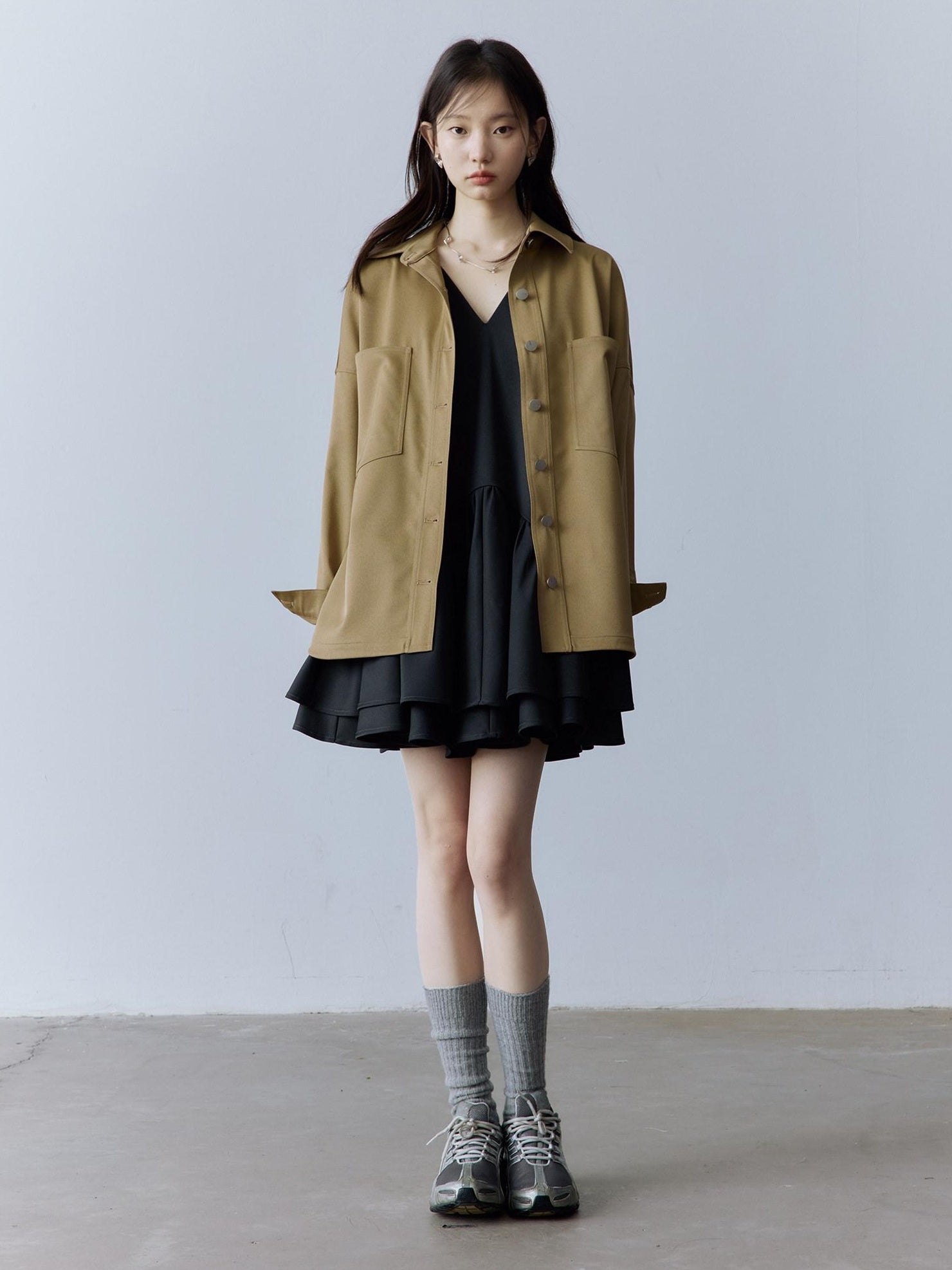 FUSSED Utility Relaxed Patch Pocket Button Front Drop Shoulder Long Sleeve Khaki Blouse