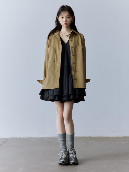 FUSSED Utility Relaxed Patch Pocket Button Front Drop Shoulder Long Sleeve Khaki Blouse