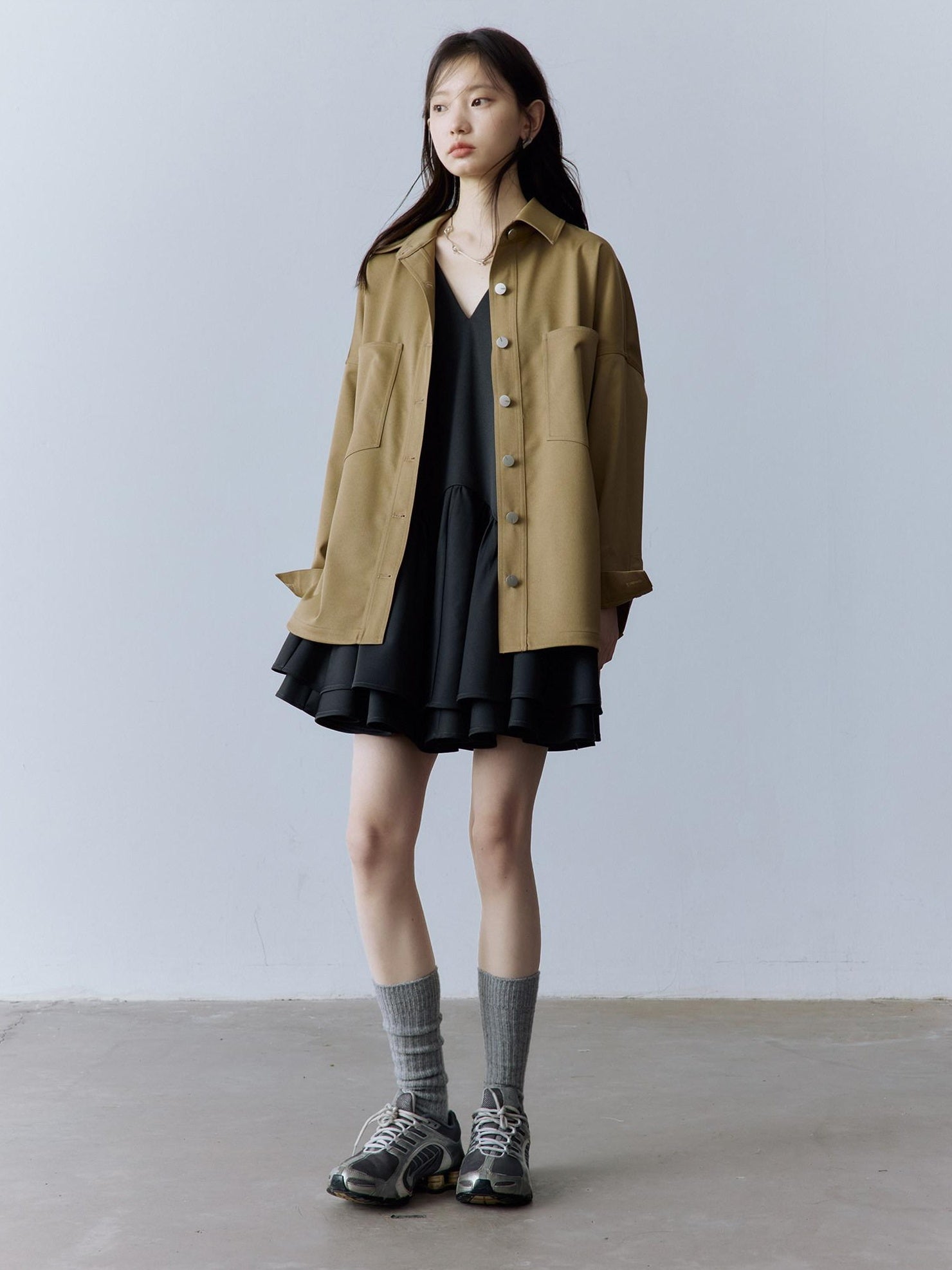 FUSSED Utility Relaxed Patch Pocket Button Front Drop Shoulder Long Sleeve Khaki Blouse