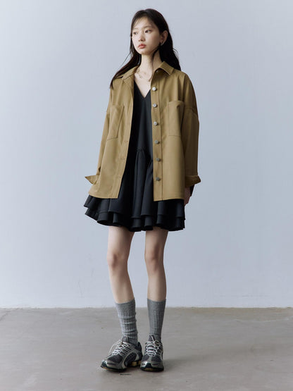 FUSSED Utility Relaxed Patch Pocket Button Front Drop Shoulder Long Sleeve Khaki Blouse