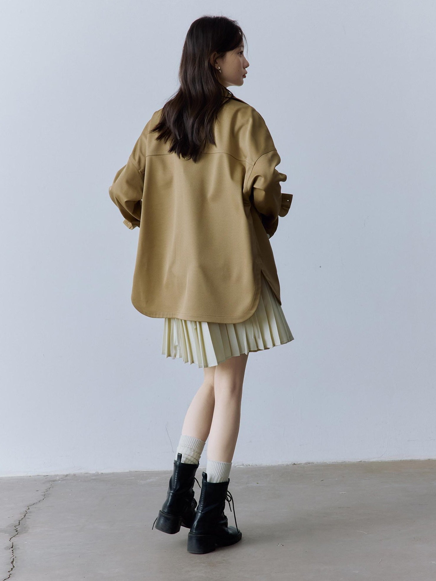 FUSSED Utility Relaxed Patch Pocket Button Front Drop Shoulder Long Sleeve Khaki Blouse