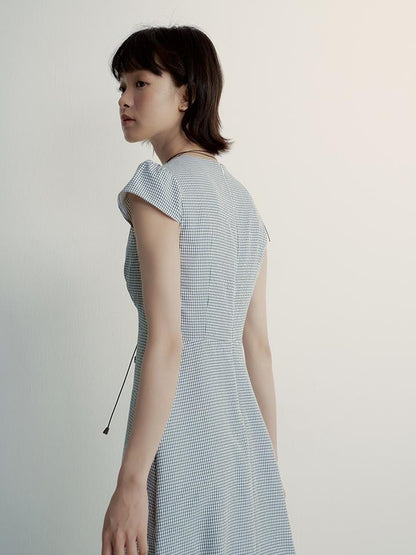 FUSSED V-Neck Gingham Midi Dress with Adjustable Tie &amp; A-Line Skirt