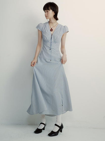 FUSSED V-Neck Gingham Midi Dress with Adjustable Tie &amp; A-Line Skirt