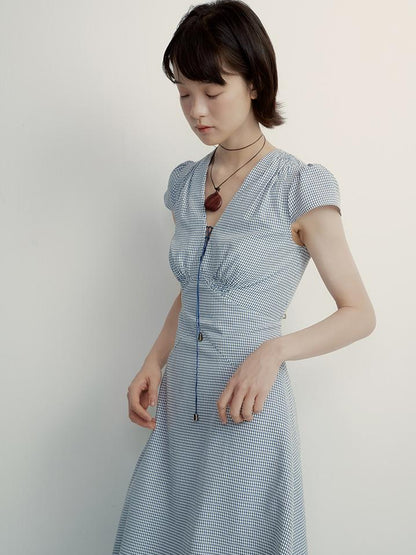 FUSSED V-Neck Gingham Midi Dress with Adjustable Tie &amp; A-Line Skirt