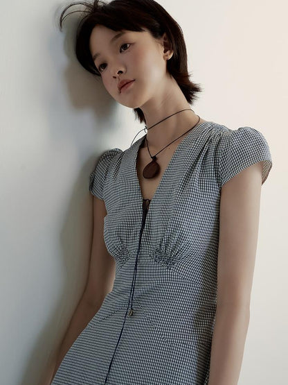FUSSED V-Neck Gingham Midi Dress with Adjustable Tie &amp; A-Line Skirt